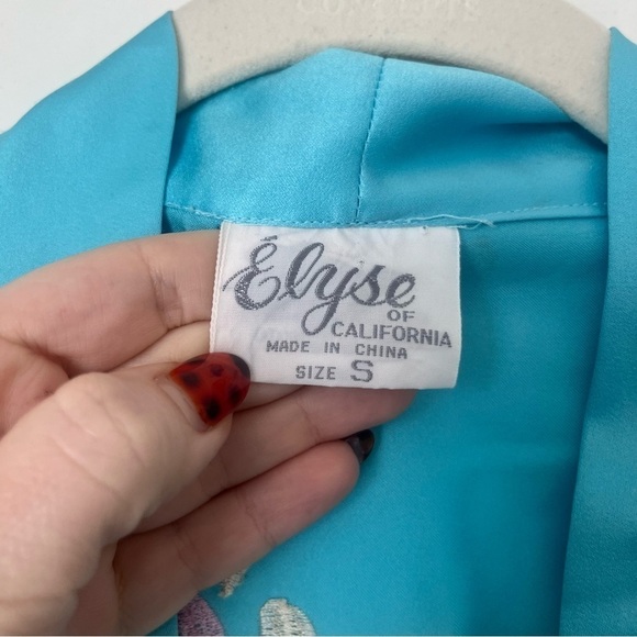 Vintage 90s Elyse of California Blue Satin Floral Embroidered Robe S - Picture 2 of 3